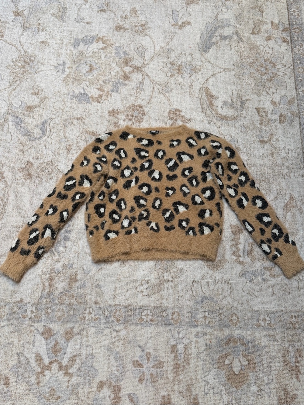 Express Fuzzy Leopard Crewneck Sweater - Tan, Black, White